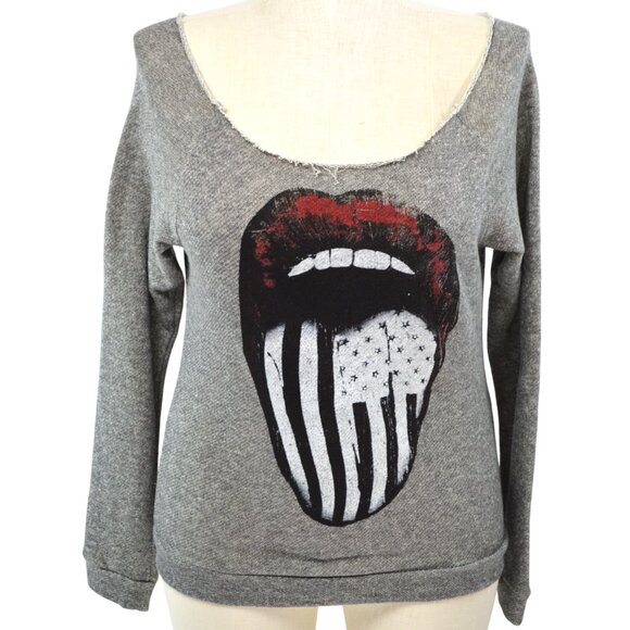 OCASION Gray Off Shoulder Sweater Large Tongue Out Stars n Stripes Destructed - Picture 1 of 4